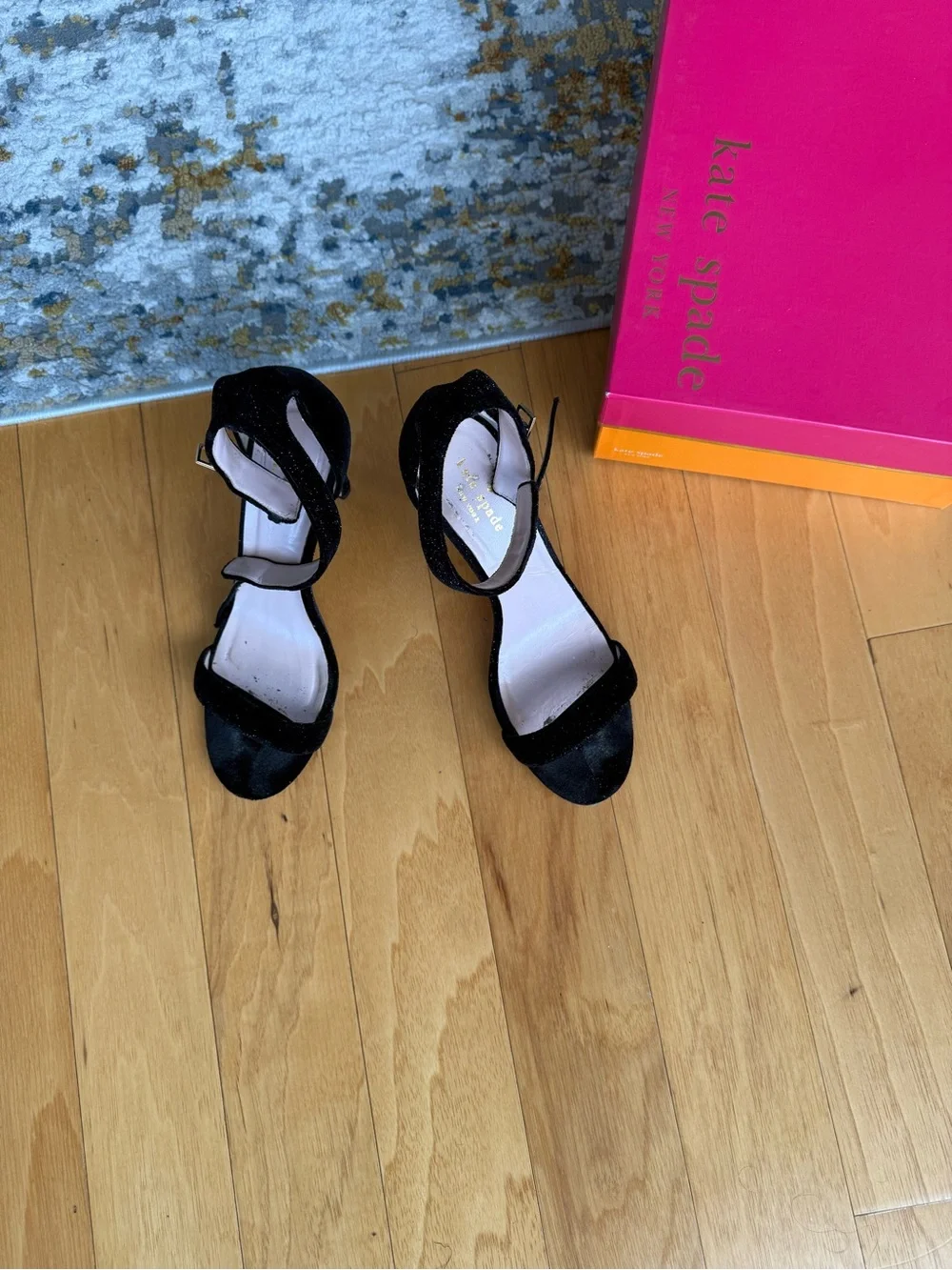 Kate Spade Isa Black Satin Ankle Strap Heels, size 7.5